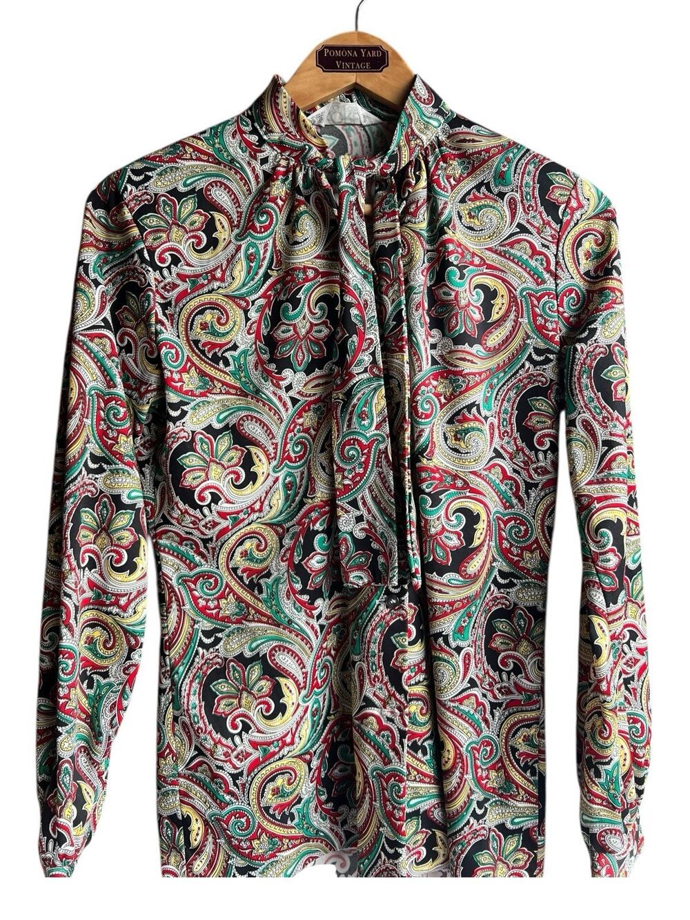 Vintage 80s Koret Paisley Neck Tie Blouse Size XL Long Sleeve Secretary Career